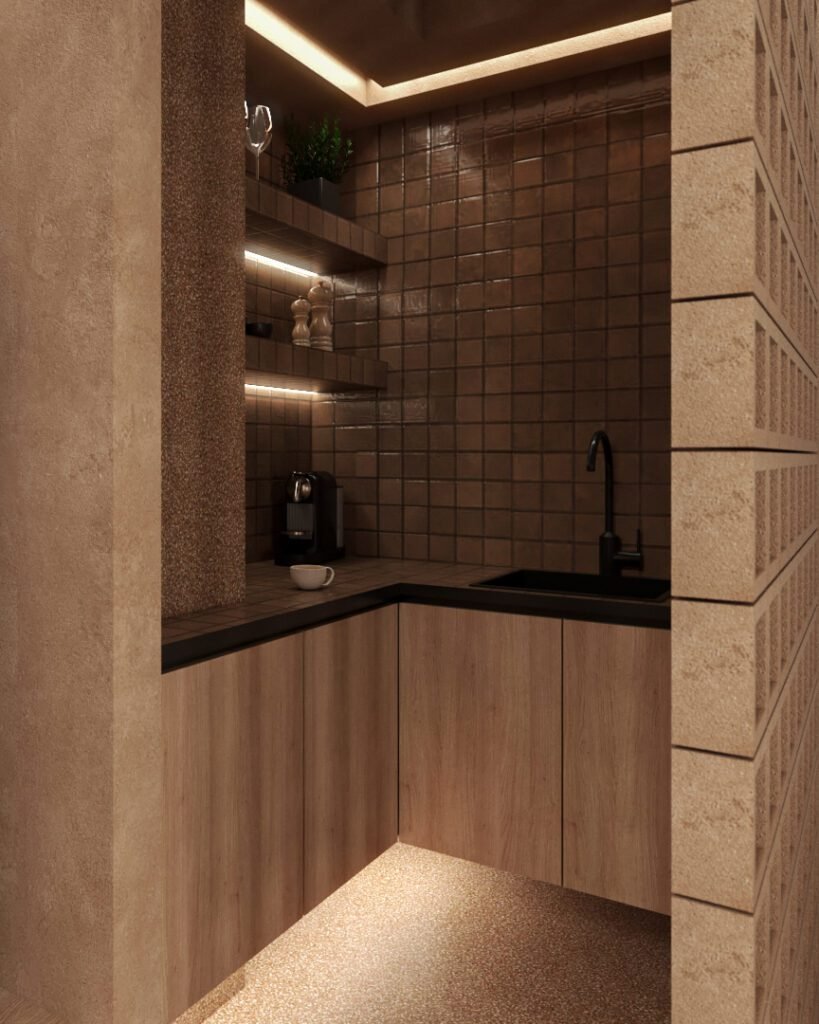 minimal kitchen with wooden cabinets and dark tiles