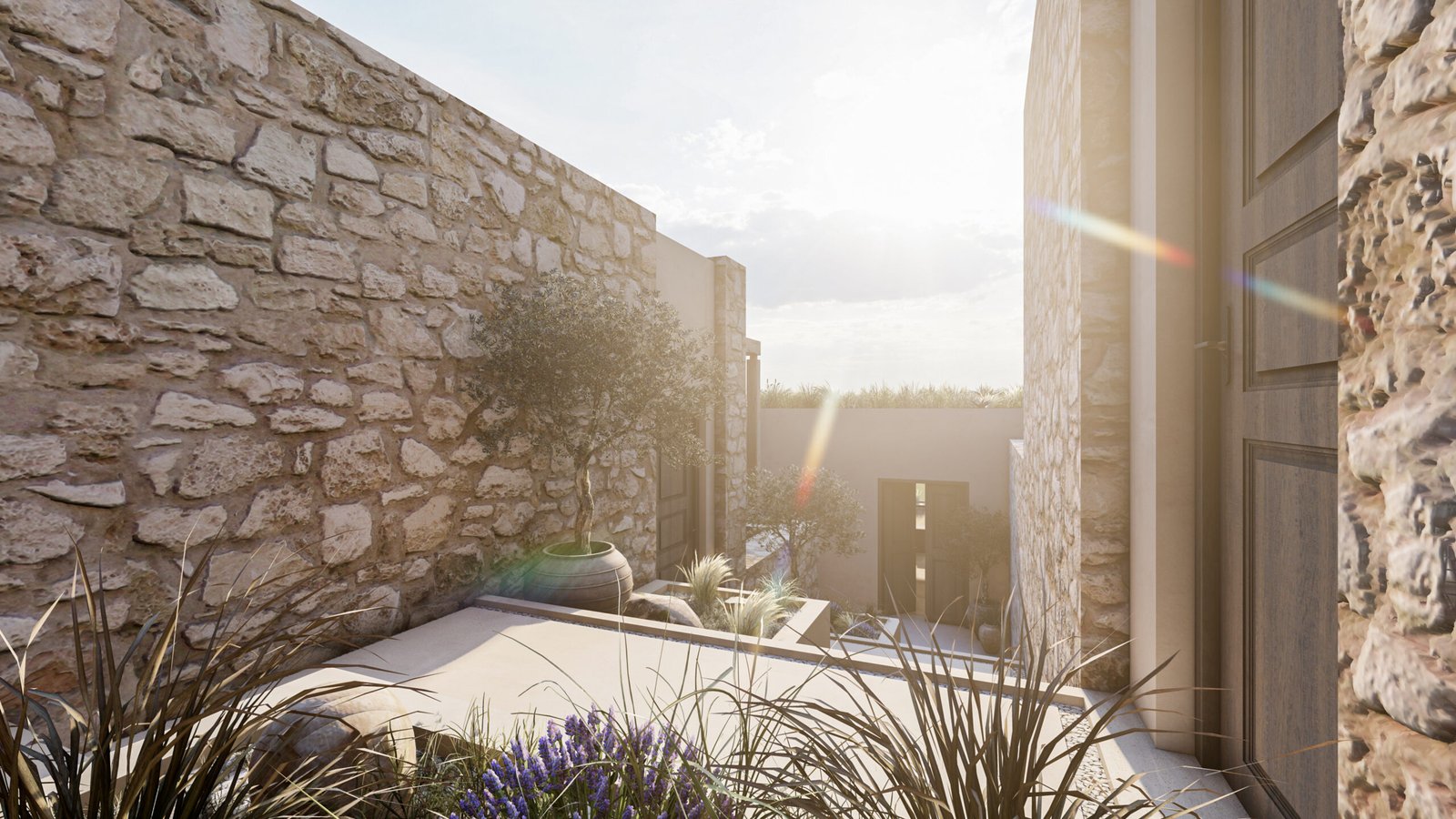 Modern patio with built-in seating and landscape lighting – architecture studio Maneo