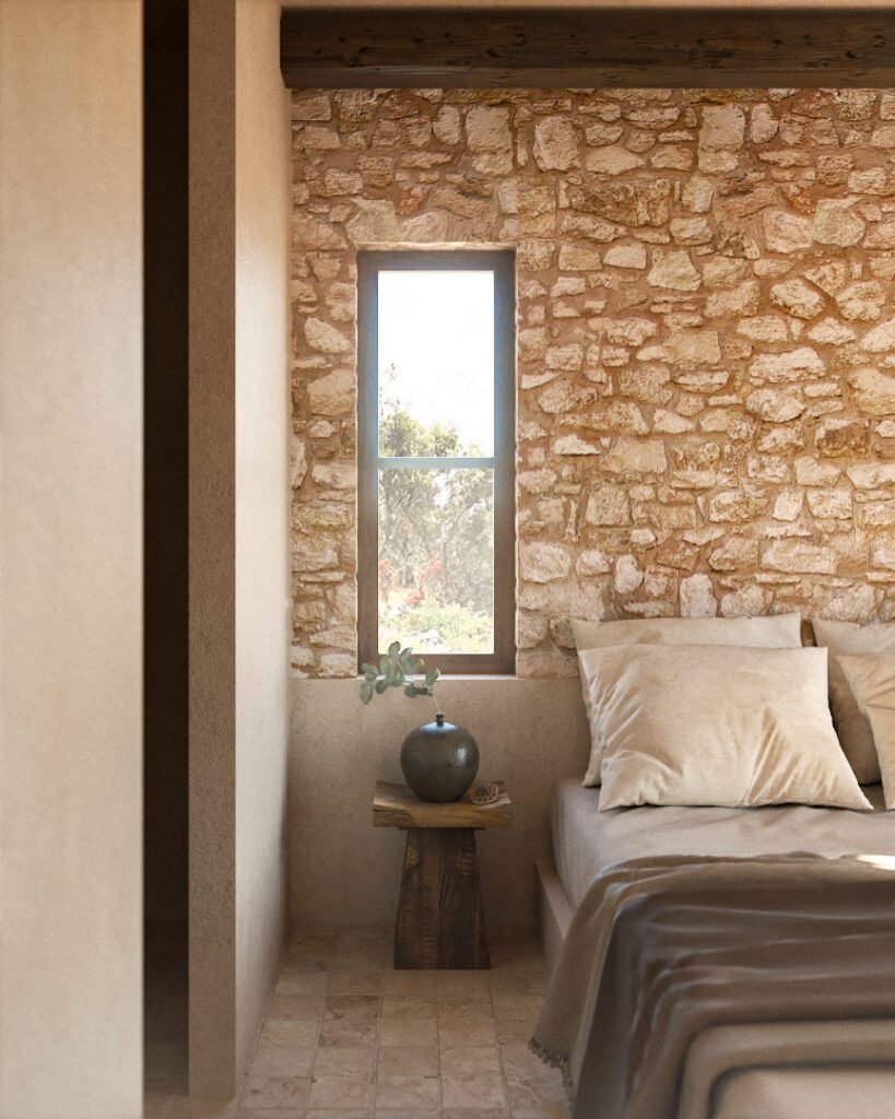 Minimalist sleeping area with soft textiles – architecture studio Maneo
