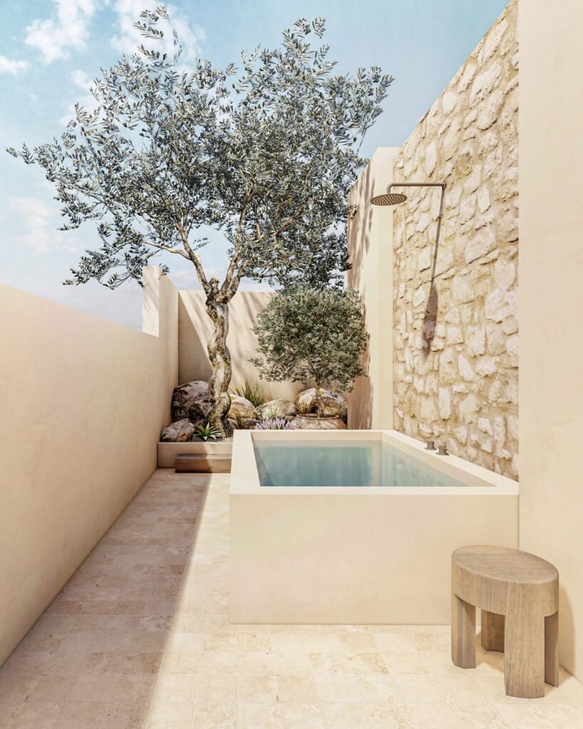 outside relaxing space with built pool and overhead shower - architecture studio Maneo