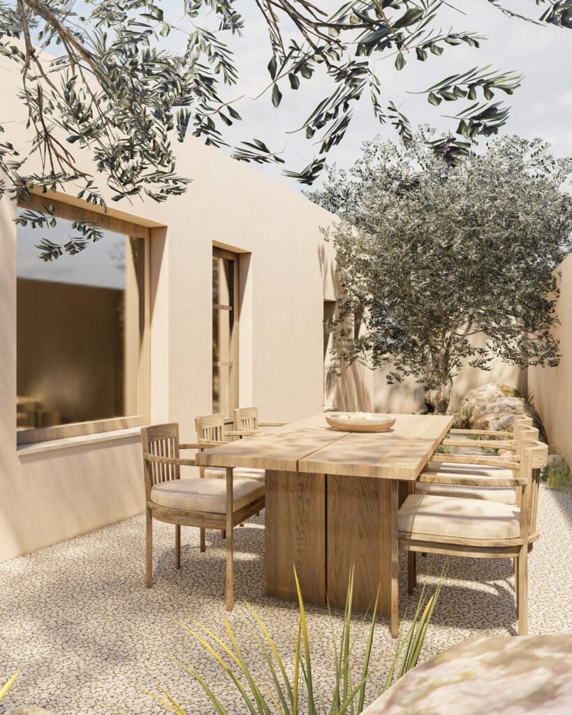 outside dining table and olive trees - architecture studio Maneo