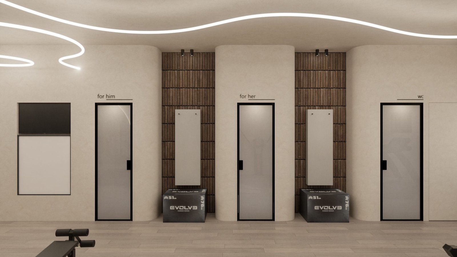 bathroom doors and locker rooms with minimal labels