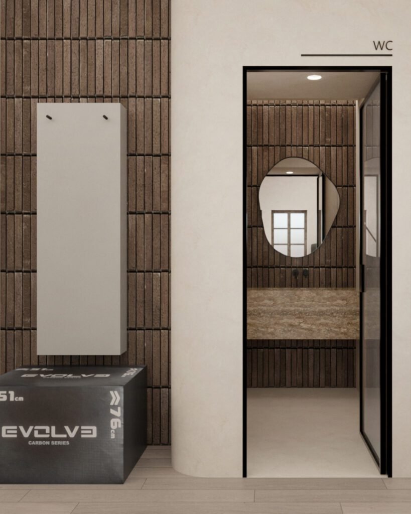 beautiful contrasty bathroom in fitness club - architecture studio Maneo