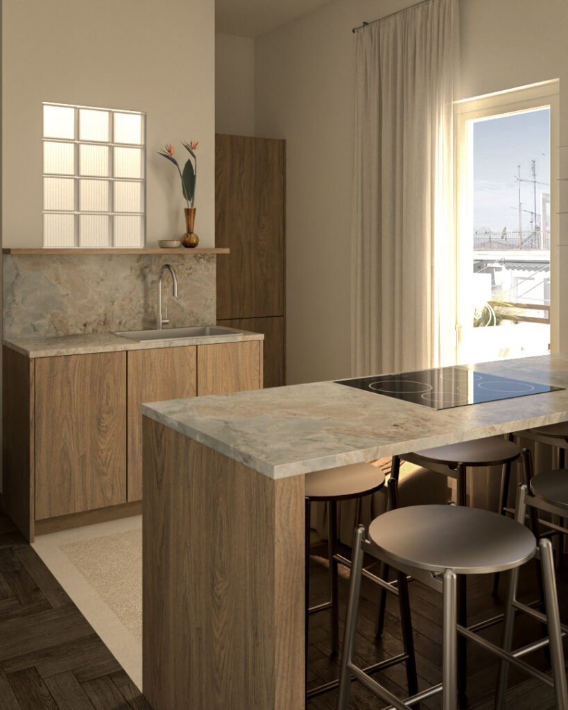 Exarchia,contemporary,interior design,wood,parquet,terazzo,glassblock,glass,minimal,aesthetic,renovation,Athens,Greece,smallapartment