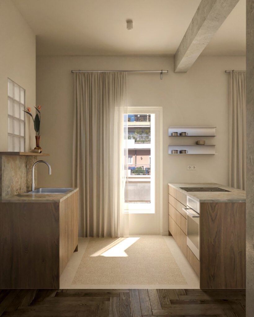 Exarchia,contemporary,interior design,wood,parquet,terazzo,glassblock,glass,minimal,aesthetic,renovation,Athens,Greece,smallapartment
