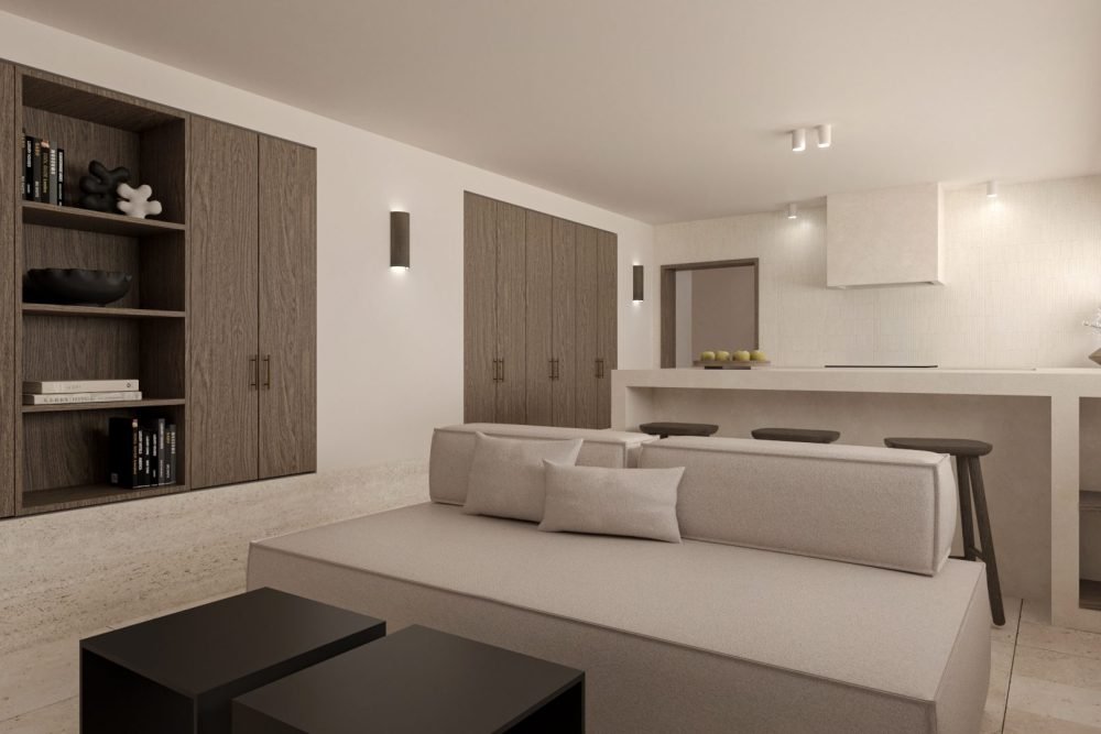 minimal neutral tone living room with kitchen island